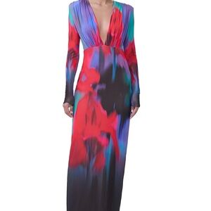 AFRM Red and Blue Long Sleeve Plunge Gown